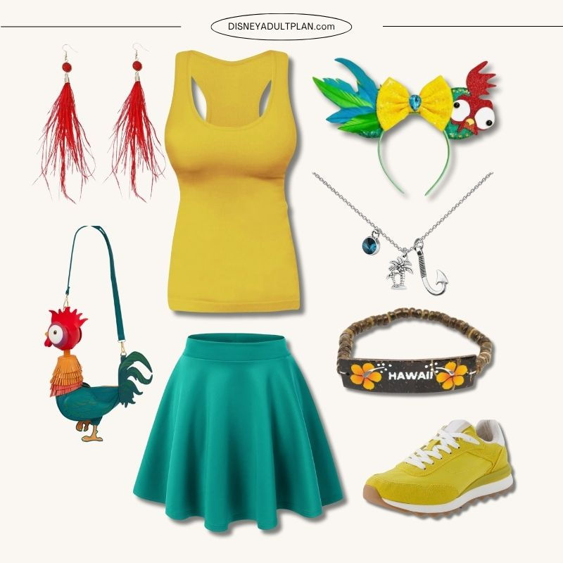 Hei Hei DisneyBound outfit idea inspired by Moana’s sidekick, featuring bold colors and accessories perfect for EPCOT, Animal Kingdom, or Disneyland.