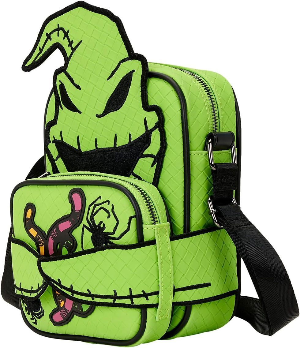 Thumbnail: Side profile of Oogie Boogie Loungefly bag showing stitched sack design, black crossbody strap, and glow finish