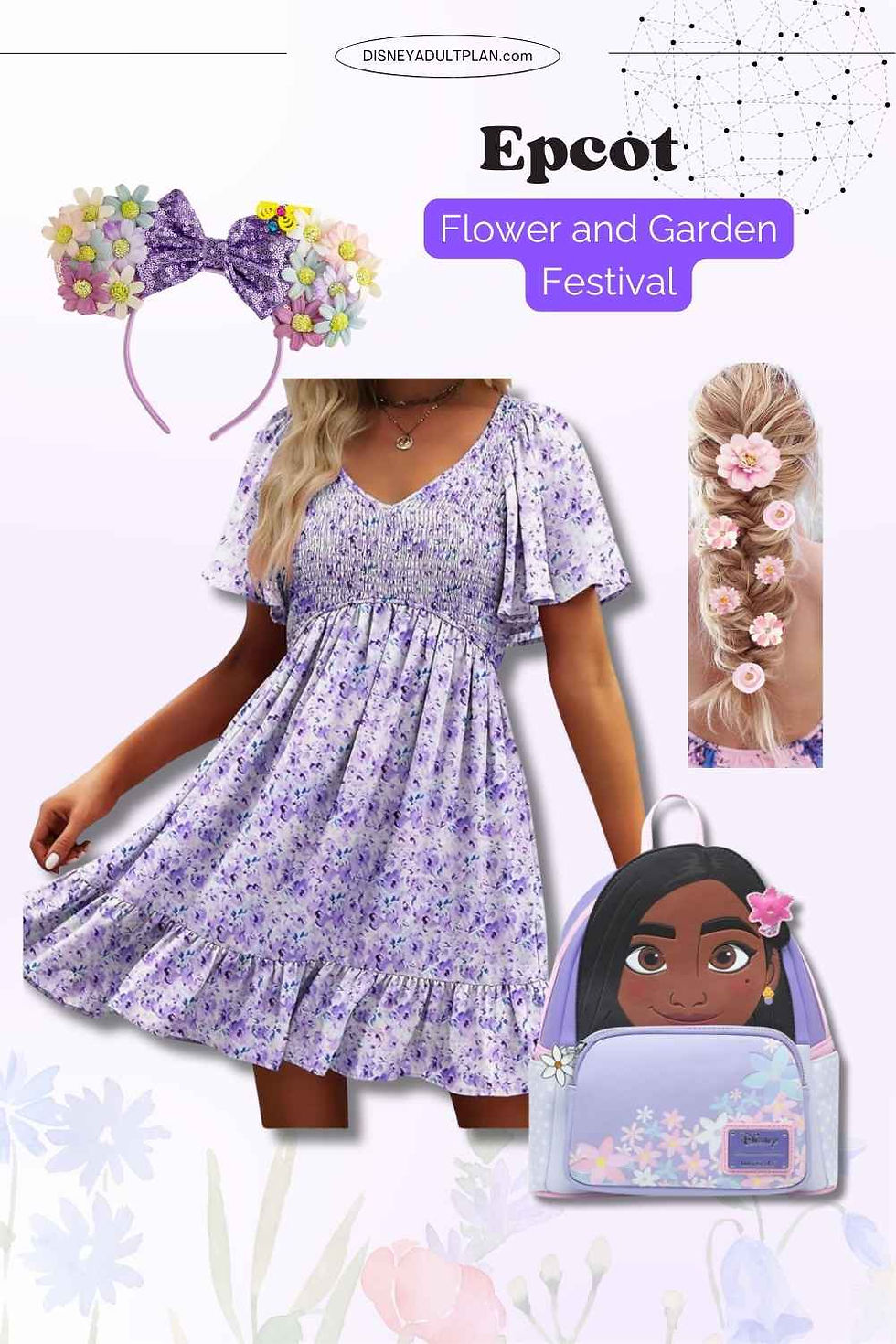 Disneybounding as Isabela from Encanto at Epcot’s Flower & Garden Festival – Floral pastel dress, flower crown, and Disney accessories.
