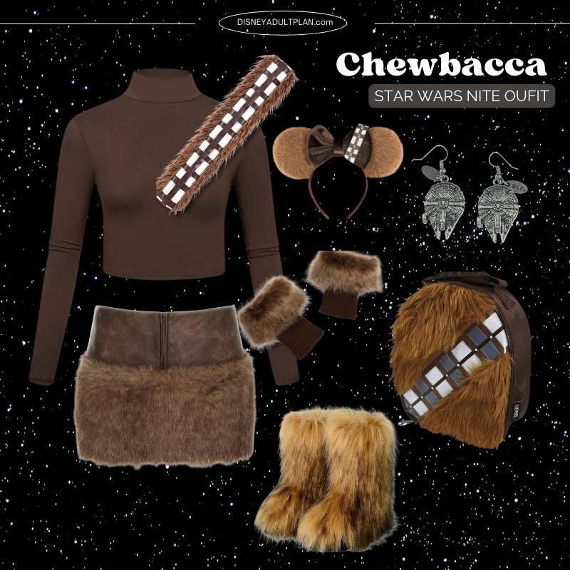 Chewbacca Disneybound outfit with fur accents, featuring a top, skirt, boots, gloves, headband, bag, and earrings.