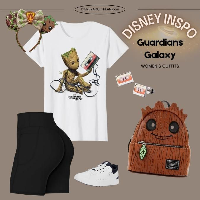 Outfit inspired by Guardians of the Galaxy, featuring a Groot T-shirt, black shorts, white sneakers, Groot-themed backpack, and accessories.