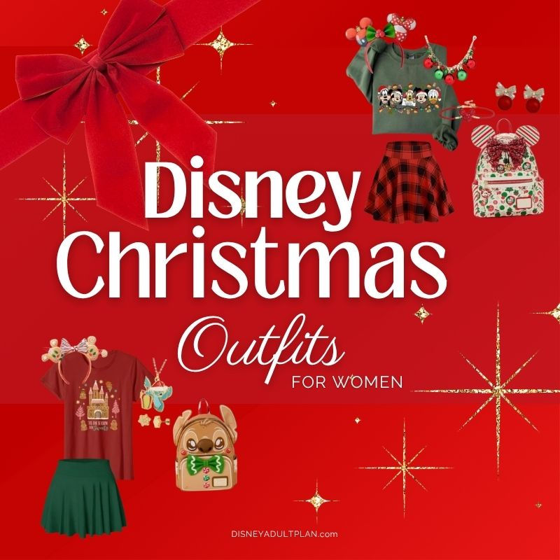 Disney Christmas outfits for women on a red background. Includes festive clothing, accessories, and decor with sparkles and bows.