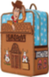 Side of Woody 30th Anniversary Loungefly backpack with saloon and hotel art details