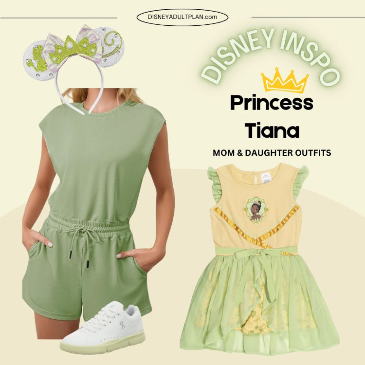 Princess Tiana girls’ romper dress with skirt overlay for Tiana Bayou Adventure Disneybound