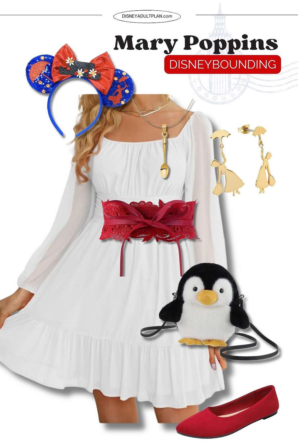 Mary Poppins Disneybound with white off-shoulder dress, red belt, penguin purse, red flats, EPCOT outfit.