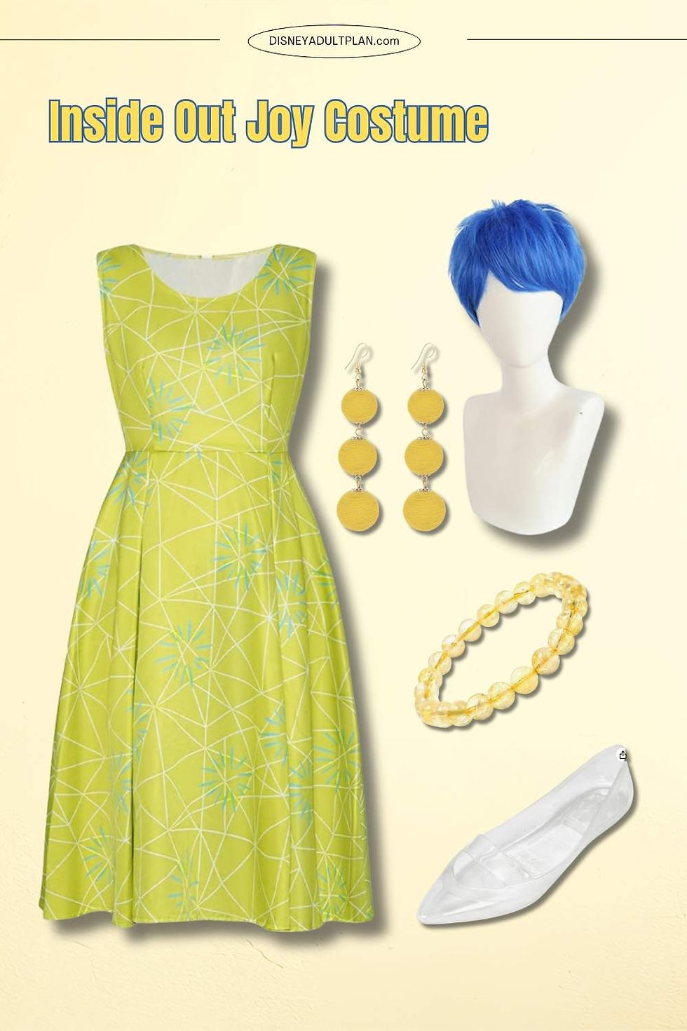 Joy Inside Out costume for adults with yellow dress, blue wig, and Disney accessories.