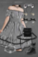 ack Skellington DisneyBound outfit with striped off-shoulder dress, Minnie ears, earrings, bracelet, combat boots, and Nightmare Before Christmas crossbody purse