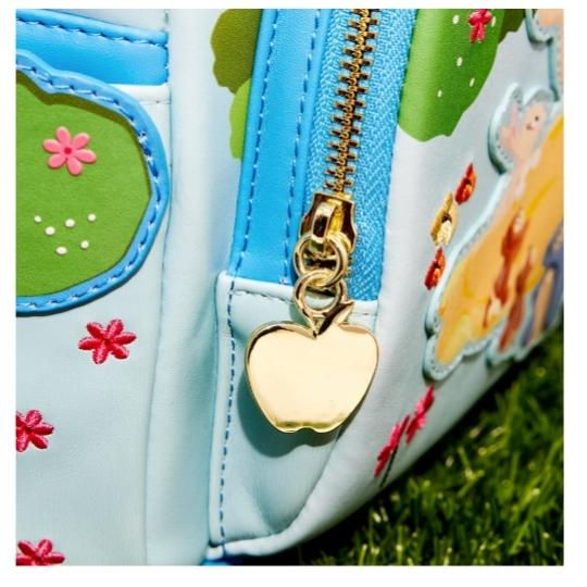 Detailed view of zipper on Loungefly Disney Snow White Forest Scene Mini Backpack.