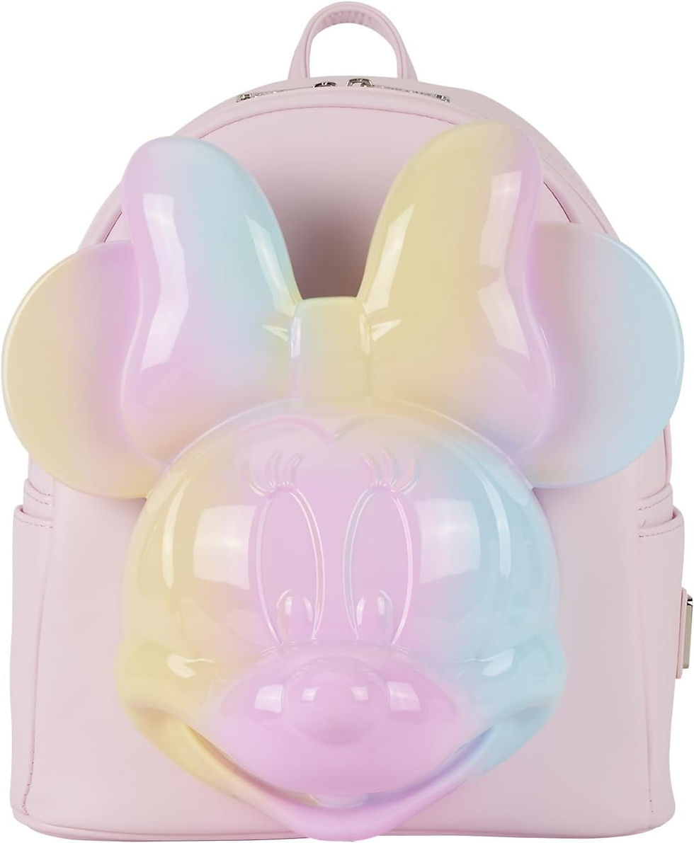 Loungefly Minnie Mouse tie-dye mini backpack with glossy 3D molded face and bow