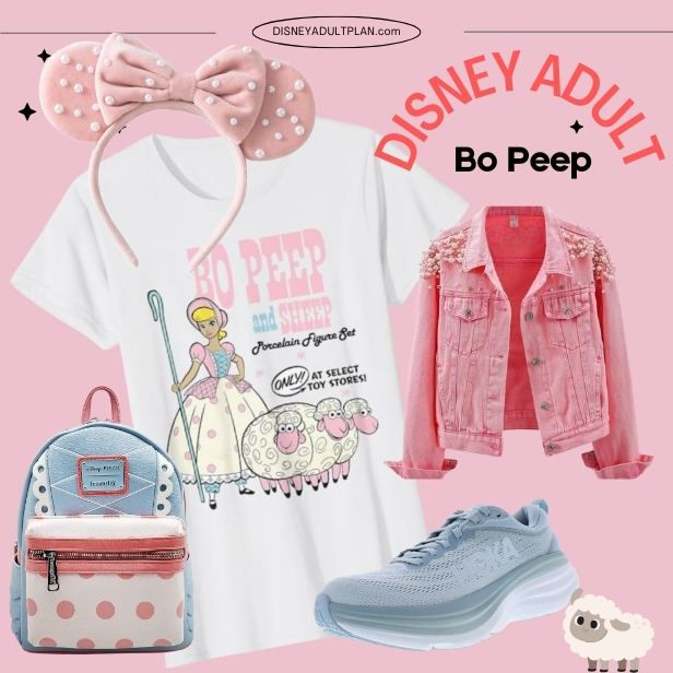 Pink Bo Peep-themed clothing and accessories, including a T-shirt, pink polka dot Minnie ears, pink jacket, polka dot backpack, and blue shoes.