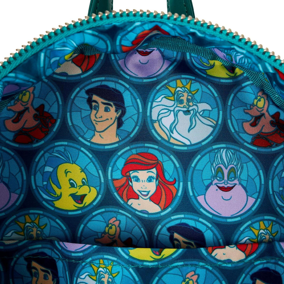 Thumbnail: Interior of Ariel Loungefly backpack with coordinating Little Mermaid-themed lining