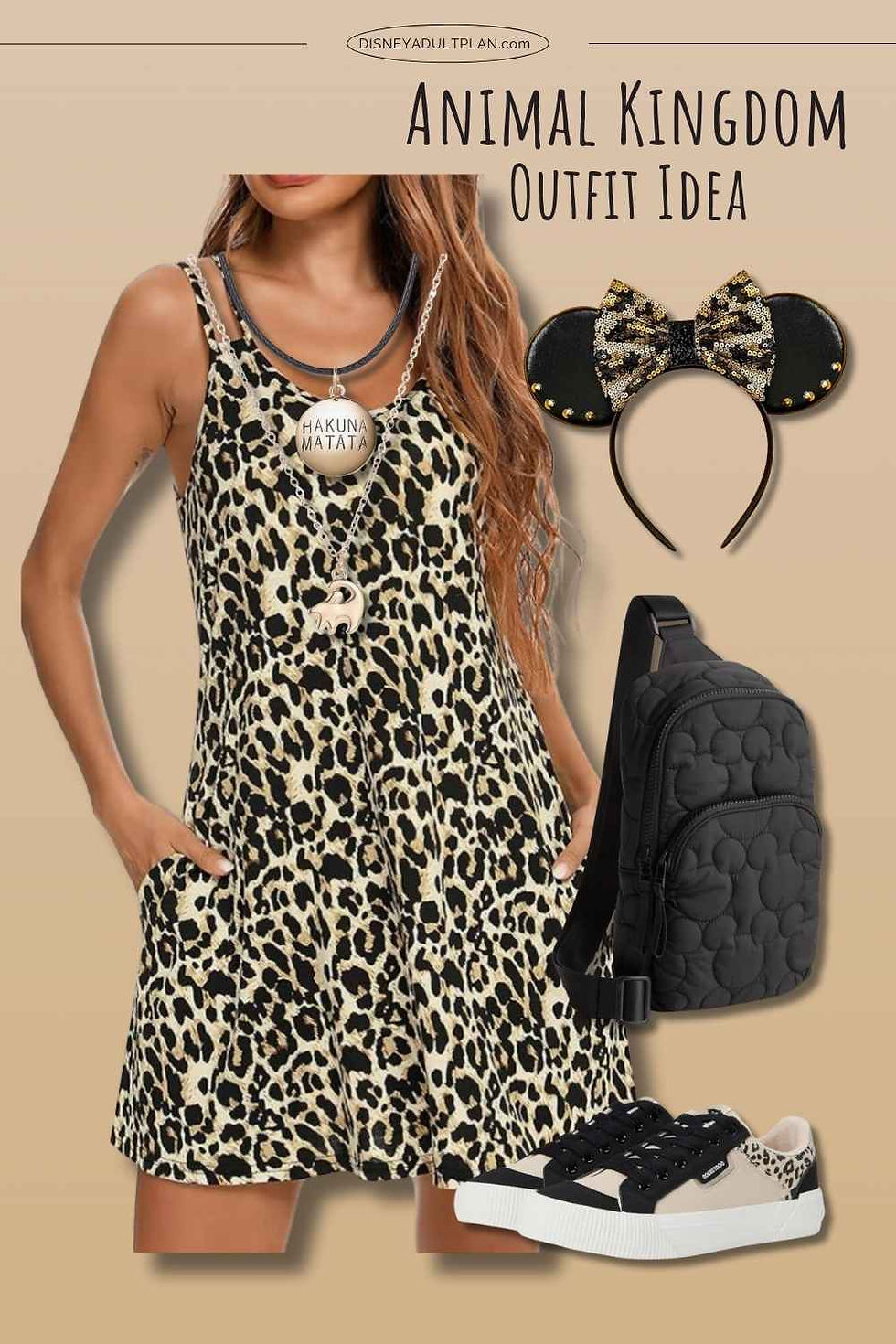 Summer Animal Kingdom outfit idea with leopard print dress, black Minnie ears, crossbody bag and sneakers