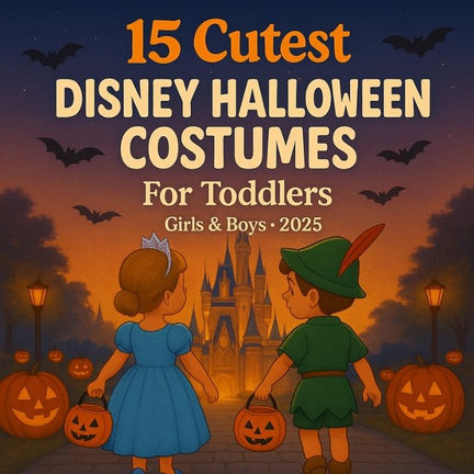 Kids in Disney costumes holding pumpkin buckets, approaching a castle. Text: "15 Cutest Disney Halloween Costumes For Toddlers 2025."