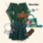 Romantic Princess Merida Disney bounding outfit with green blouse, plaid skirt, corset belt, Celtic jewelry, and tote