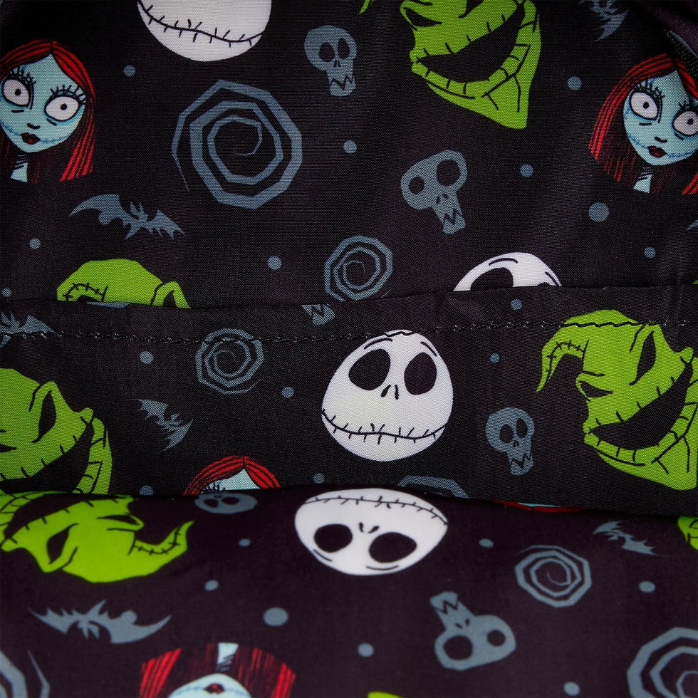 Thumbnail: Inside of Sally Loungefly mini backpack with Jack Skellington and Oogie Boogie lining
