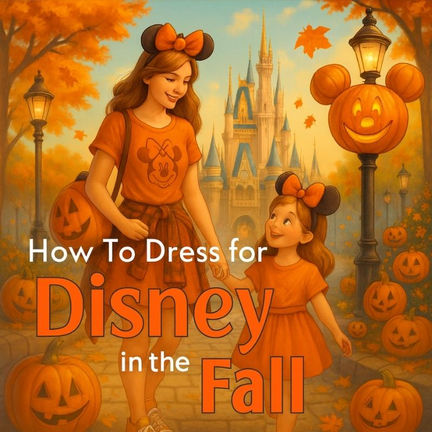 Fall Disney outfits for mom and toddler with pumpkins, castle, and Minnie ears in a theme park during Halloween season.
