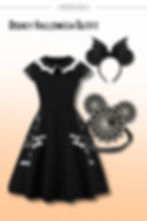 Vintage goth Disney Halloween dress with white bat collar, spiderweb Mickey Loungefly purse, and bat Minnie ears