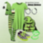 Oogie Boogie DIY Disney costume featuring neon green dress, striped leggings, themed accessories, and matching Loungefly backpack.