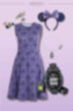 Haunted Mansion DisneyBound outfit featuring a purple wallpaper-print dress, themed Minnie ears, and spooky accessories—perfect for Magic Kingdom or Disneyland park days.