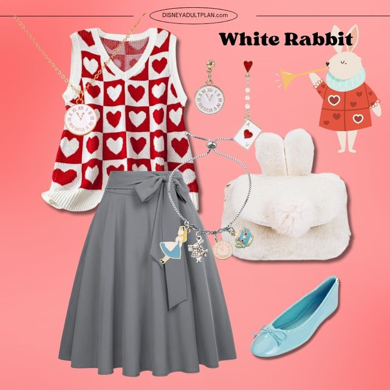 White Rabbit DisneyBound DIY Halloween costume blog cover with heart vest, gray skirt, bunny bag, and clock necklace