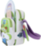 Side of Buzz Lightyear Loungefly bag with Space Ranger badge and purple strap