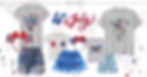 4th of July-themed clothing set with Mickey Mouse designs. Includes t-shirts, shorts, skirt, and headbands in red, white, and blue.