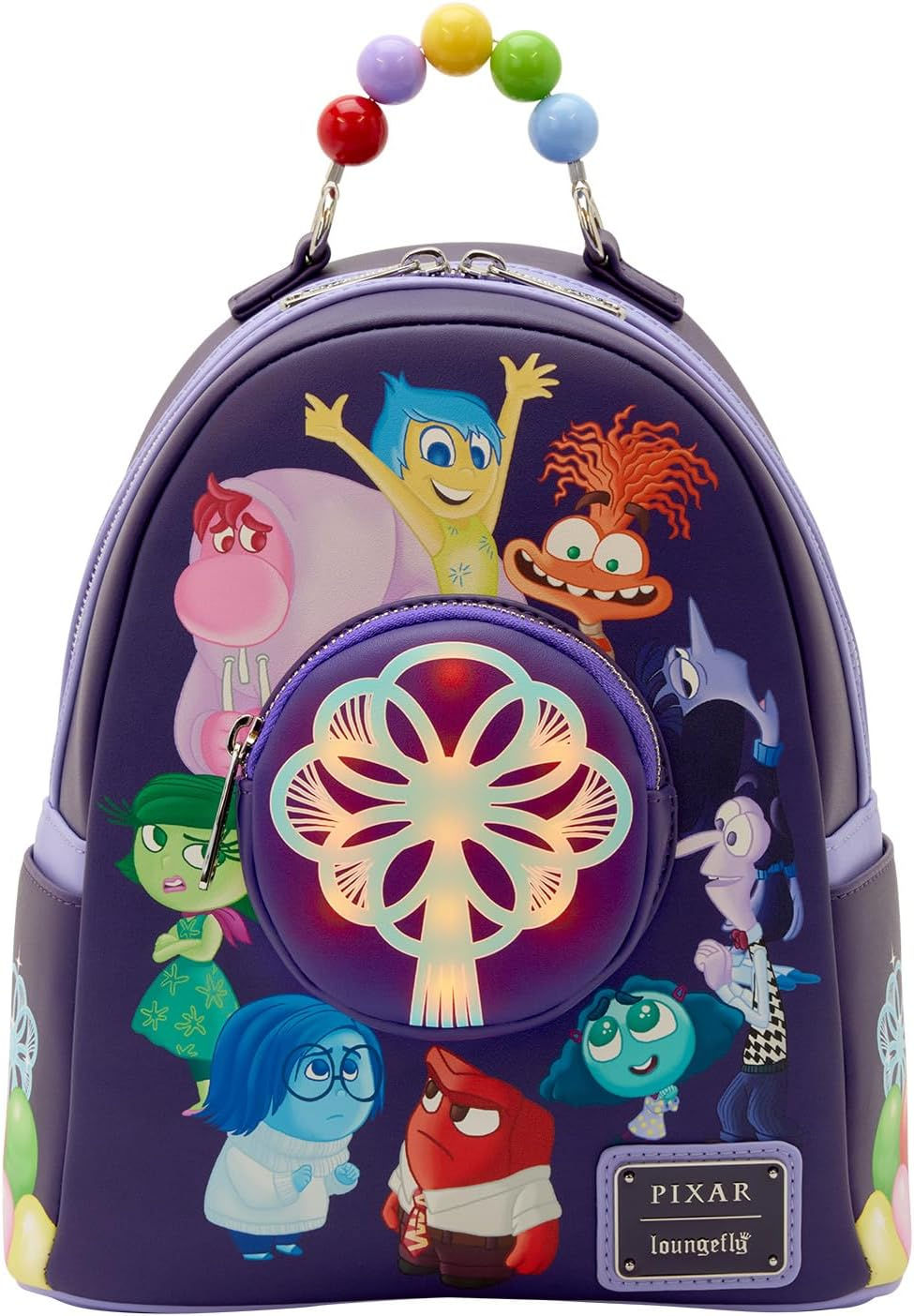 Loungefly Pixar Inside Out 2 mini backpack with light-up memory sphere and colorful character artwork