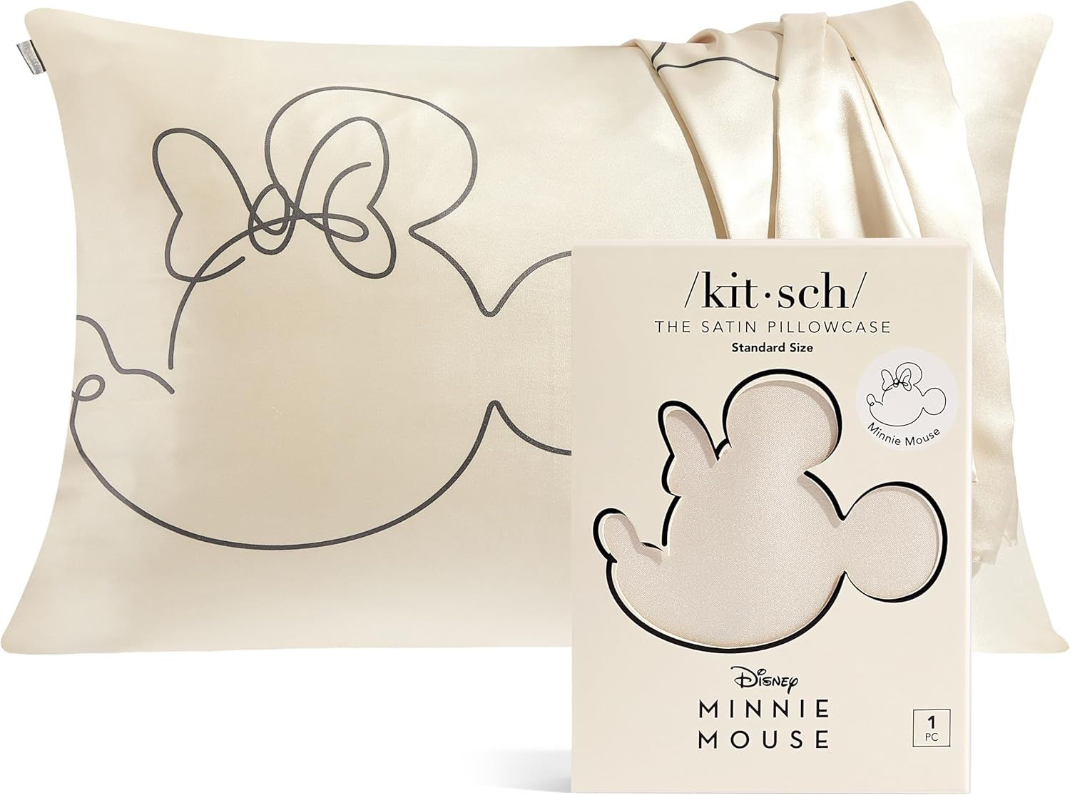Kitsch Disney Minnie Mouse satin pillowcase in beige with minimalist Minnie outline | Holiday Beauty Gift