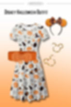 White Disney Halloween dress with pumpkin candy print, orange belt, and sparkly Minnie ears