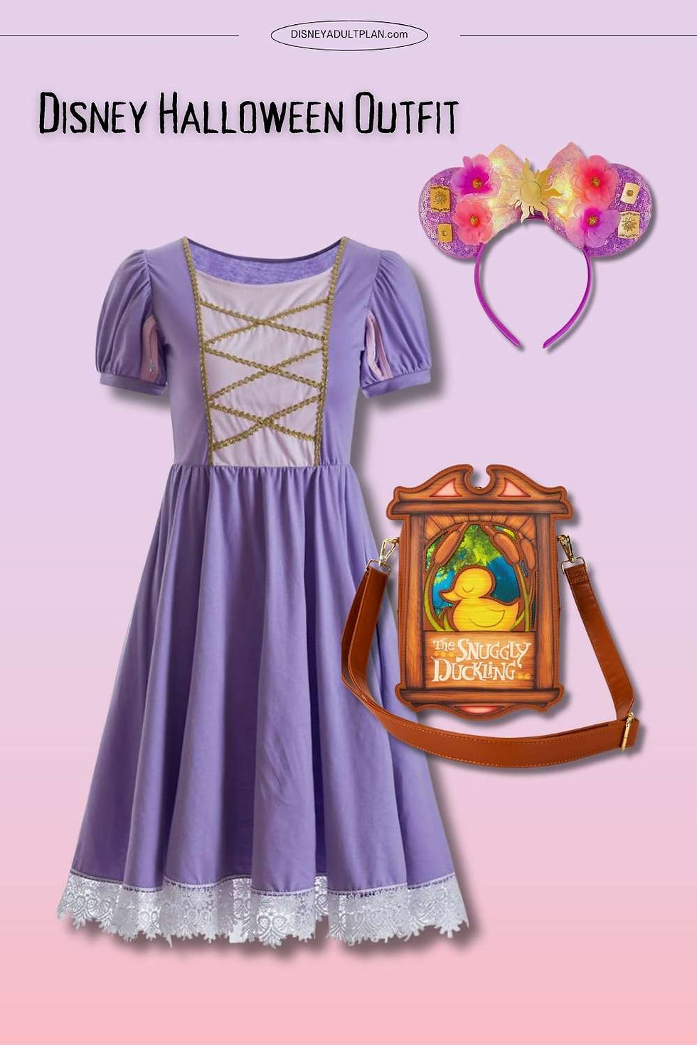 Rapunzel-inspired princess Halloween dress for Disneyland with floral ears and Snuggly Duckling bag