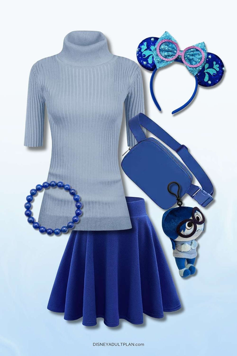 Sadness Disneybound outfit with blue skirt and light blue top styled for Disneyland.