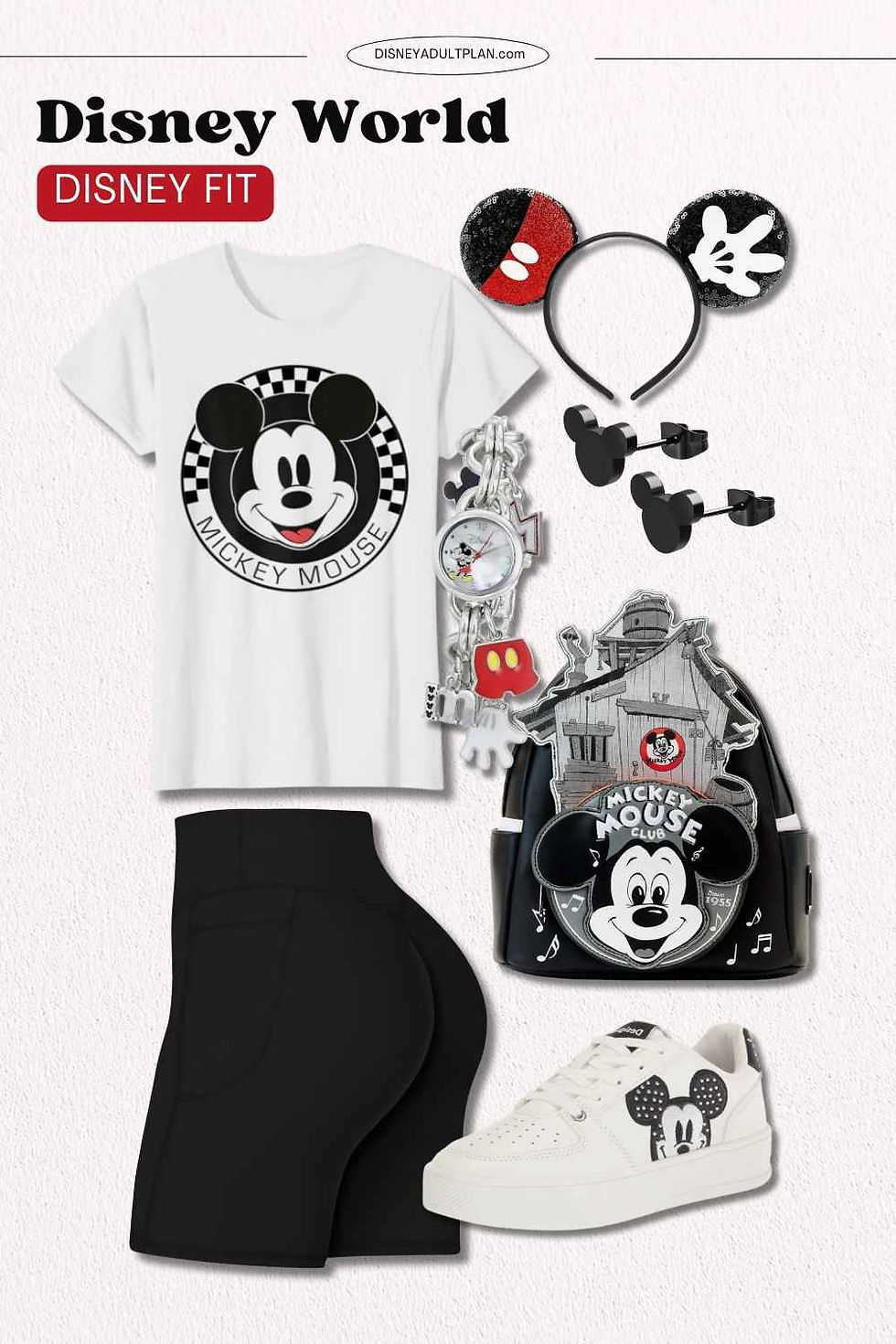 Sporty Disney fit with Mickey Mouse tee and bike shorts – a cool summer outfit for Disney World 2025.