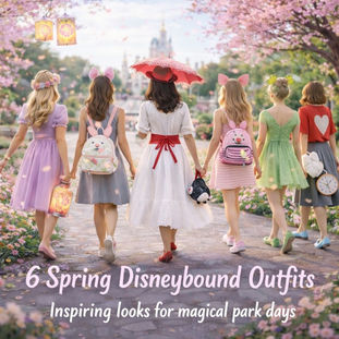 Six women in spring disneybounding outfits walk towards a castle under cherry blossoms. "6 Spring Disneybound Outfits"