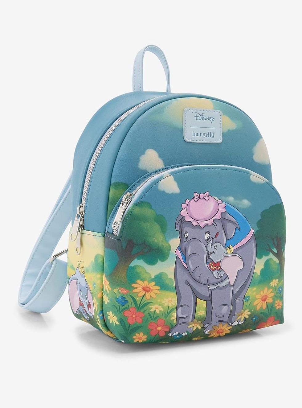 Side view of Dumbo Loungefly backpack with colorful floral and sky design
