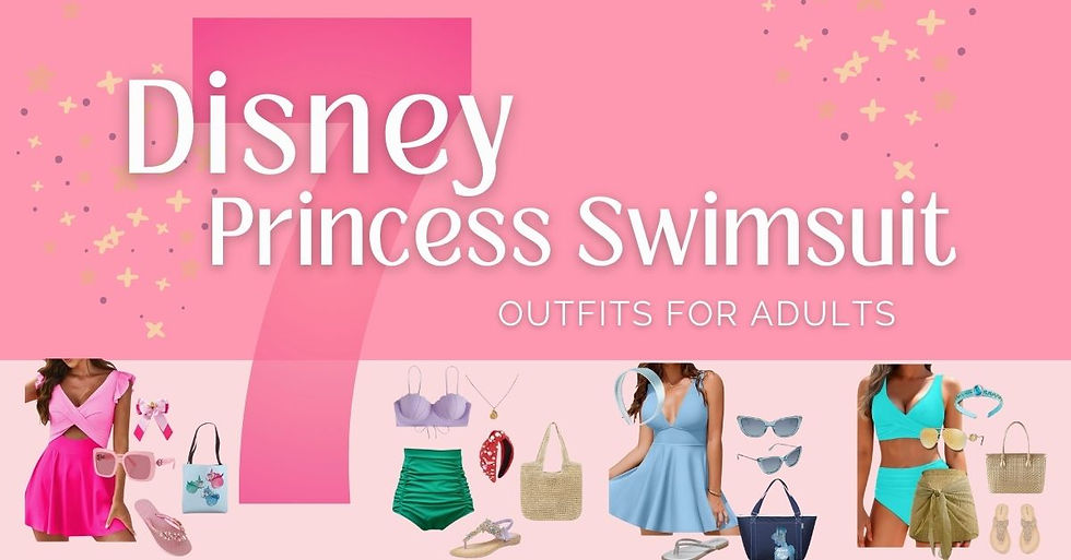 Collage of 7 Disney Princess-inspired swimsuits for women, each styled with bikinis, one-pieces, summer hats, and themed accessories.