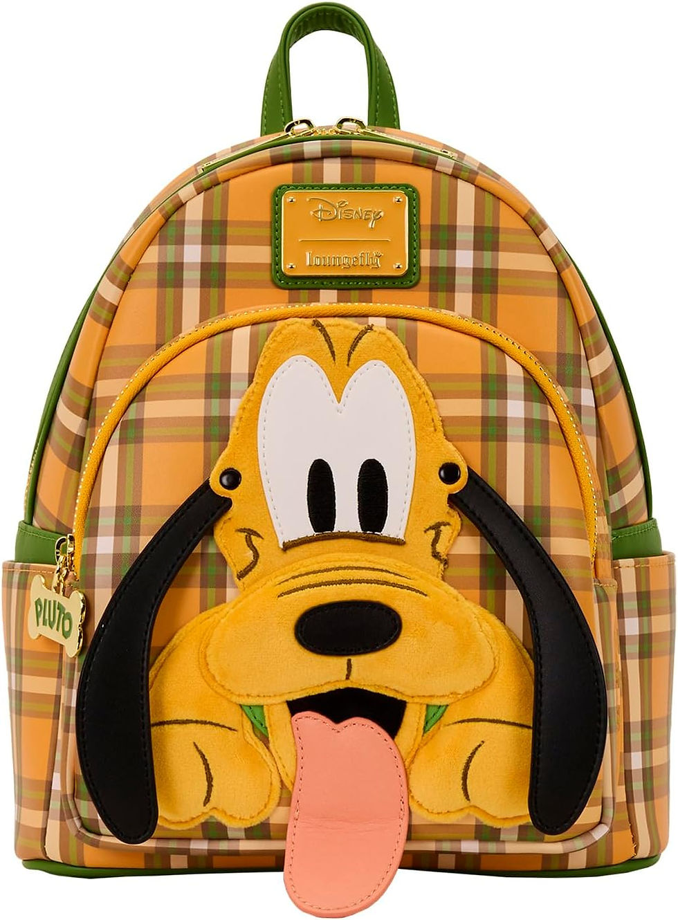 Front of Pluto Loungefly 95th Anniversary mini backpack with plaid design, figural Pluto face, 3D ears, and signature tongue