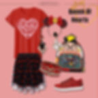 Red and black Queen of Hearts outfit: red "Off with their heads!" shirt, black skirt with hearts, themed accessories, red glitter shoes.