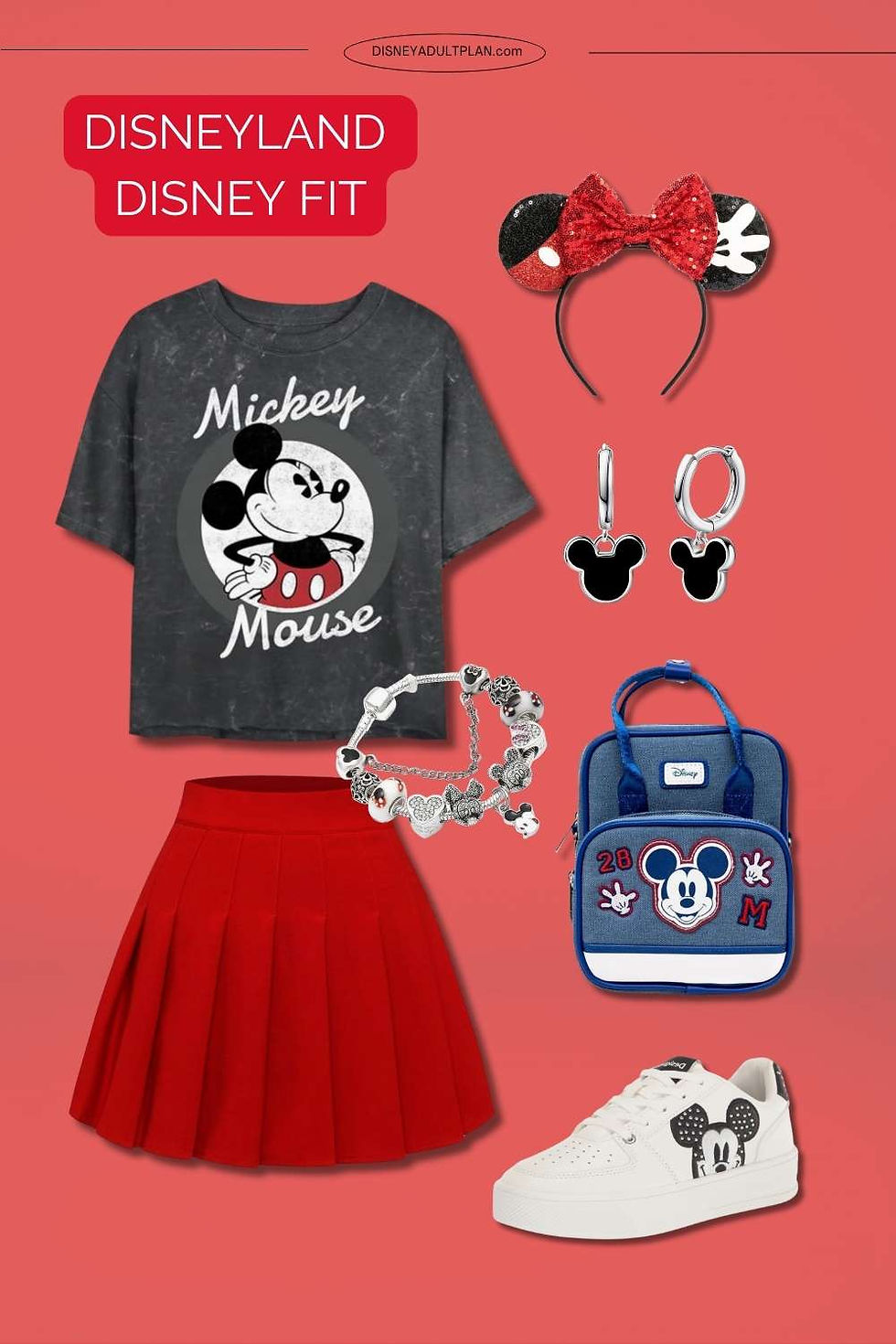 Disney-themed outfit on a red background: Mickey shirt, red skirt, Minnie ears, Mickey earrings, bracelet, backpack, sneakers. Text: "DISNEYLAND DISNEY FIT".