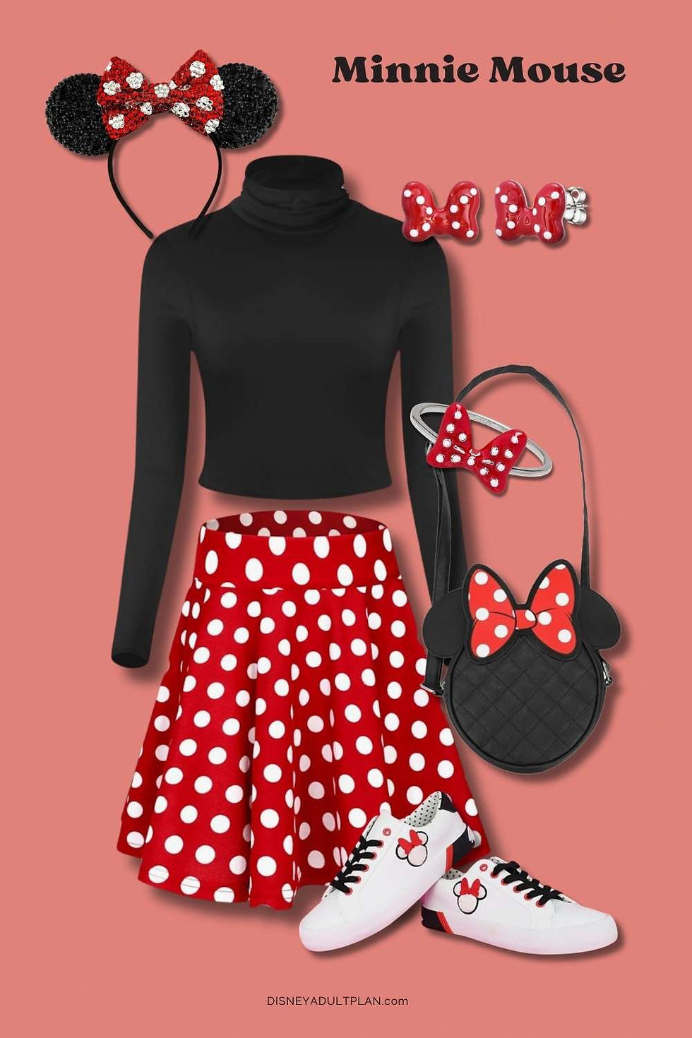 Minnie Mouse outfit on pink background: black top, red polka dot skirt, mouse ear headband, bag, shoes, and bow earrings. Text: Minnie Mouse.