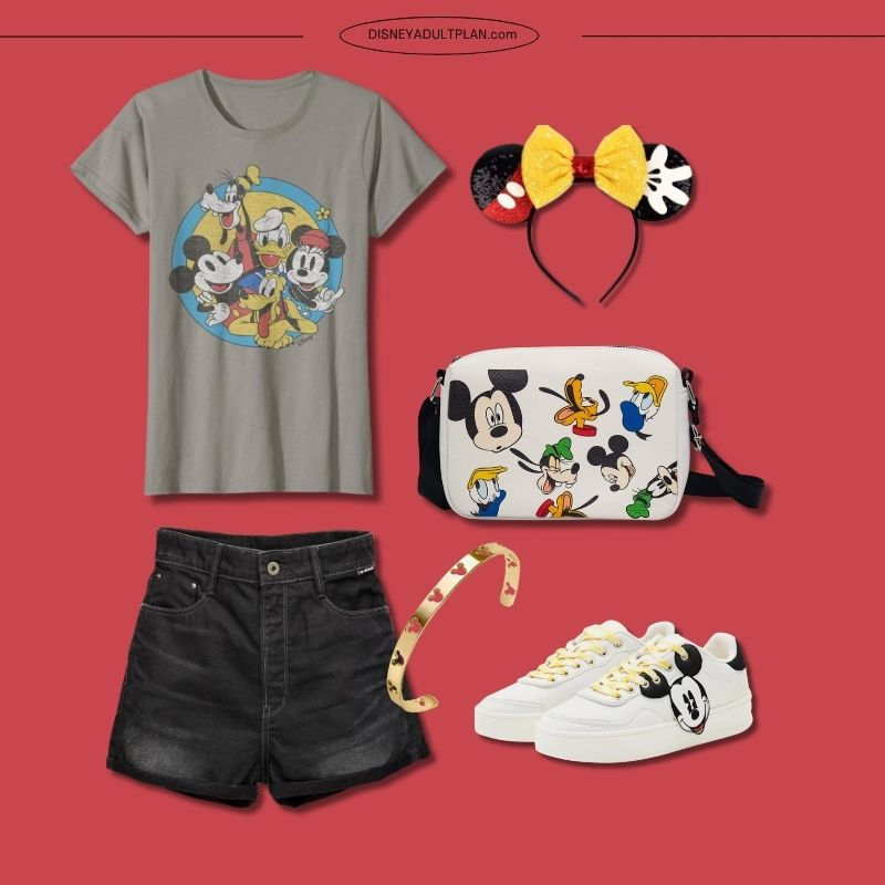 Disneyland summer outfit with Mickey and friends graphic tee, black denim shorts, and yellow bow Minnie ears.