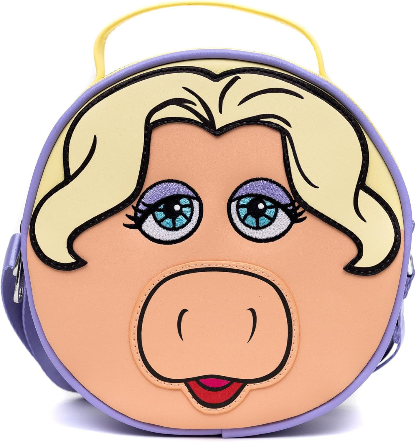 The Muppets Miss Piggy Face Crossbody Bag in vibrant lavender, perfect for Muppets fans.