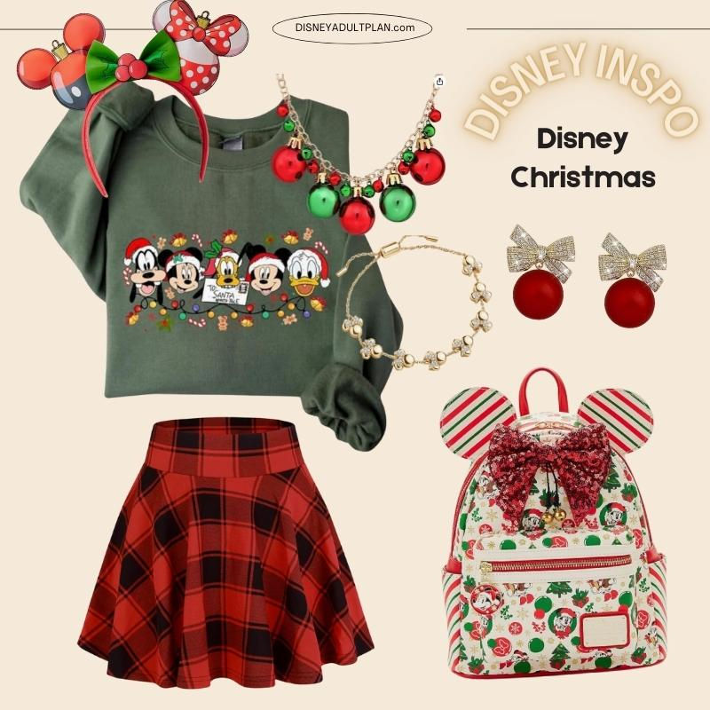 Festive Disney Christmas outfit with Mickey ears, pleated skirt, Loungefly holiday bag, and accessories for Mickey’s Very Merry Christmas Party