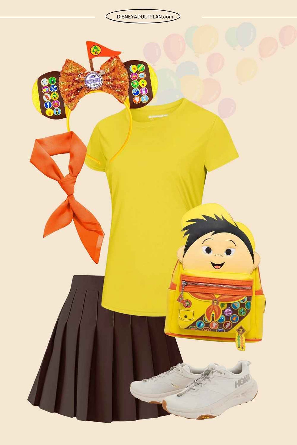 Russell Up DisneyBound for Animal Kingdom with yellow tee, brown skirt, character ears and backpack