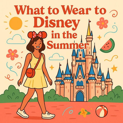 Text: "What to Wear to Disney in the Summer". Woman in yellow dress and Minnie ears at Disney. Background features a castle, sun, and colorful drawings.