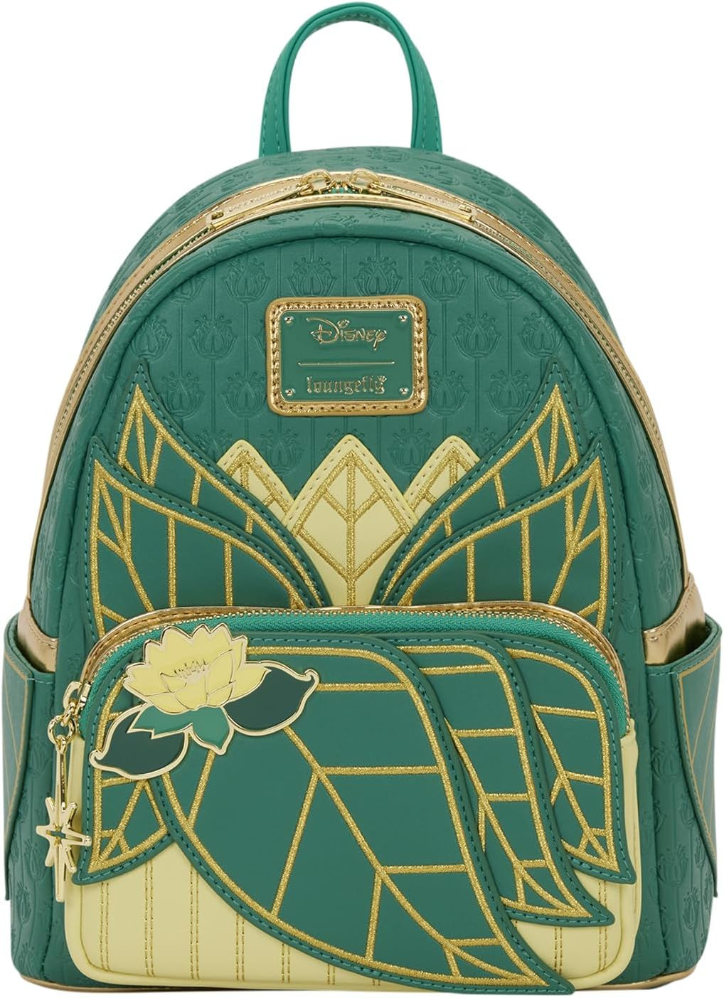 Loungefly Princess Tiana mini backpack in green with gold art deco detailing and lotus design