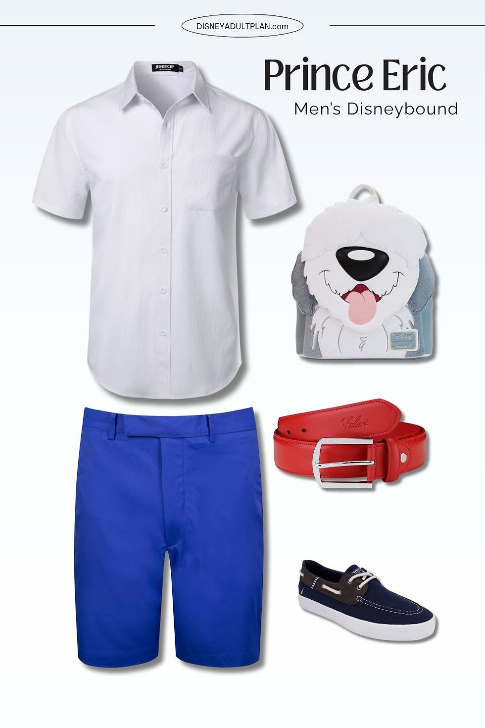 Prince Eric DisneyBounding outfit for men featuring a white short-sleeve shirt, royal blue shorts, red belt, boat shoes, and Max the dog Loungefly backpack.