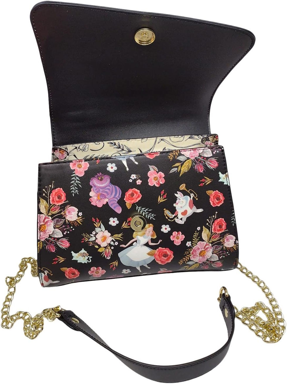 Thumbnail: Back of Loungefly Alice in Wonderland satchel with floral character print on black faux leather