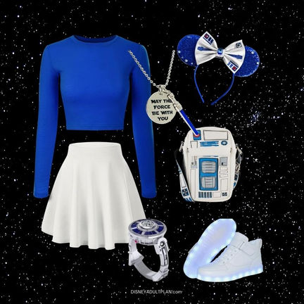 R2D2 Disney bound with royal-blue top, white skater skirt, R2-D2 crossbody, LED sneakers.