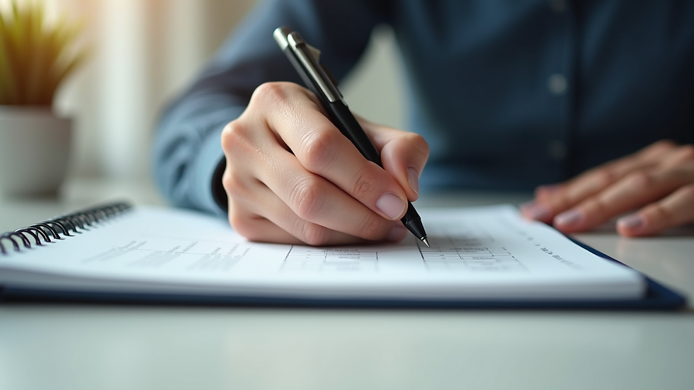 Close-up view of a person writing a budget plan on a notebook