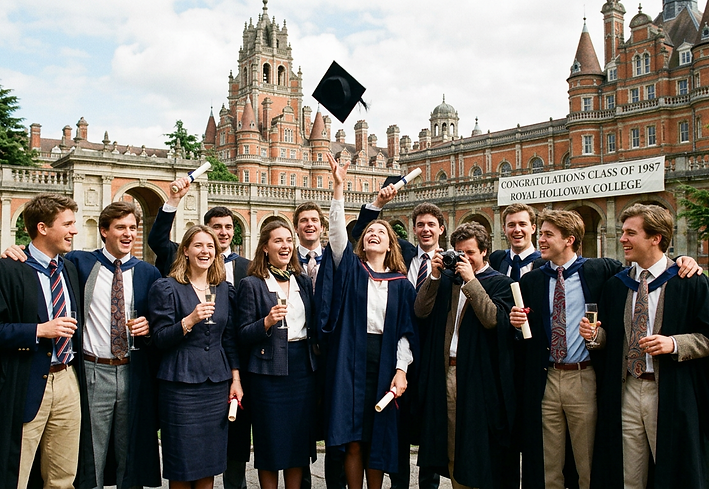 Students celebrating graduating from Royal Holloway in the 1980's